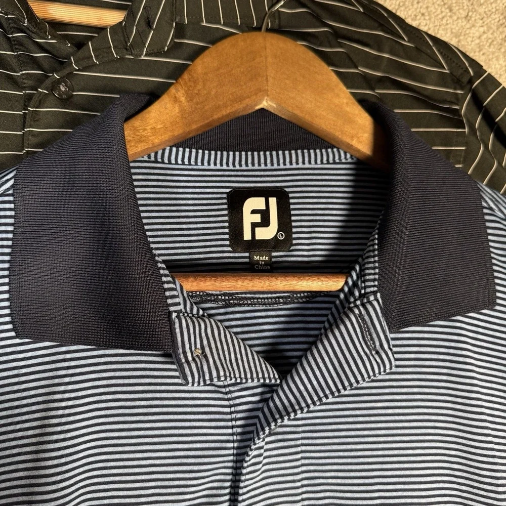 FootJoy Golf Polo Men's Large Striped Performance Shirts‎ Black & Blue Logos